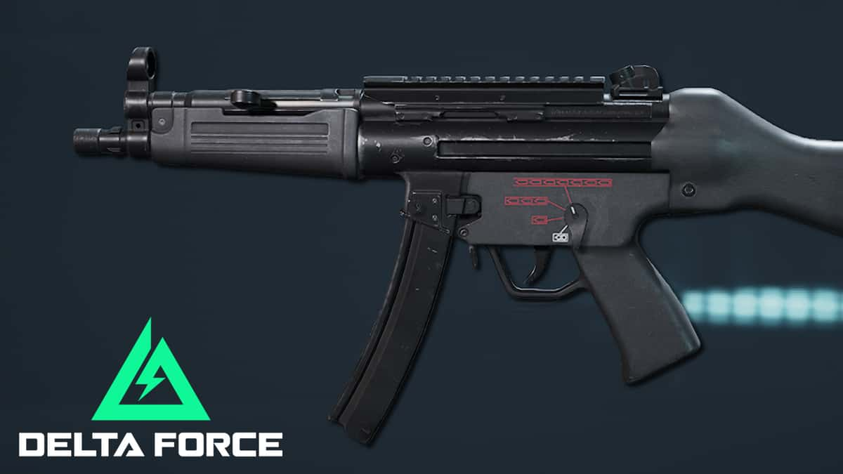 A side profile of the MP5 next to Delta Force's logo.