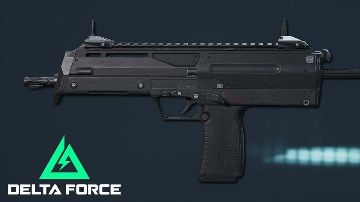 A side profile of the MP7 next to Delta Force's logo.