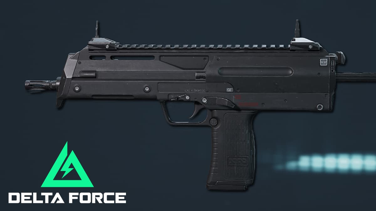 A side profile of the MP7 next to Delta Force's logo.