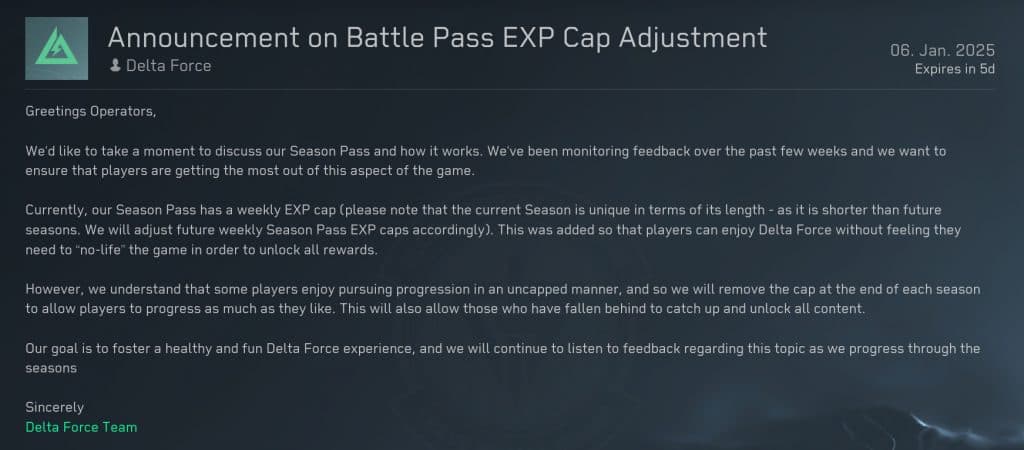 The in-game message confirming the EXP cap has been removed in Delta Force.