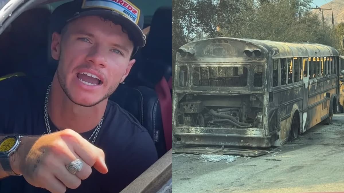 WhistlinDiesel next to destroyed LA wildfire bus