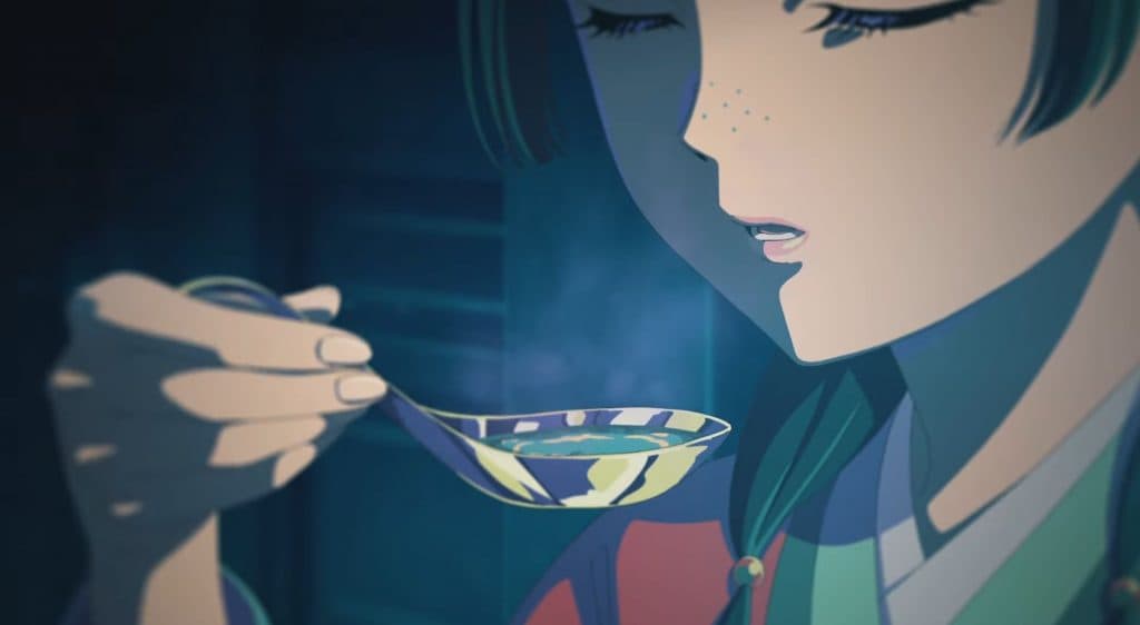 image: maomao testing food in the opening.