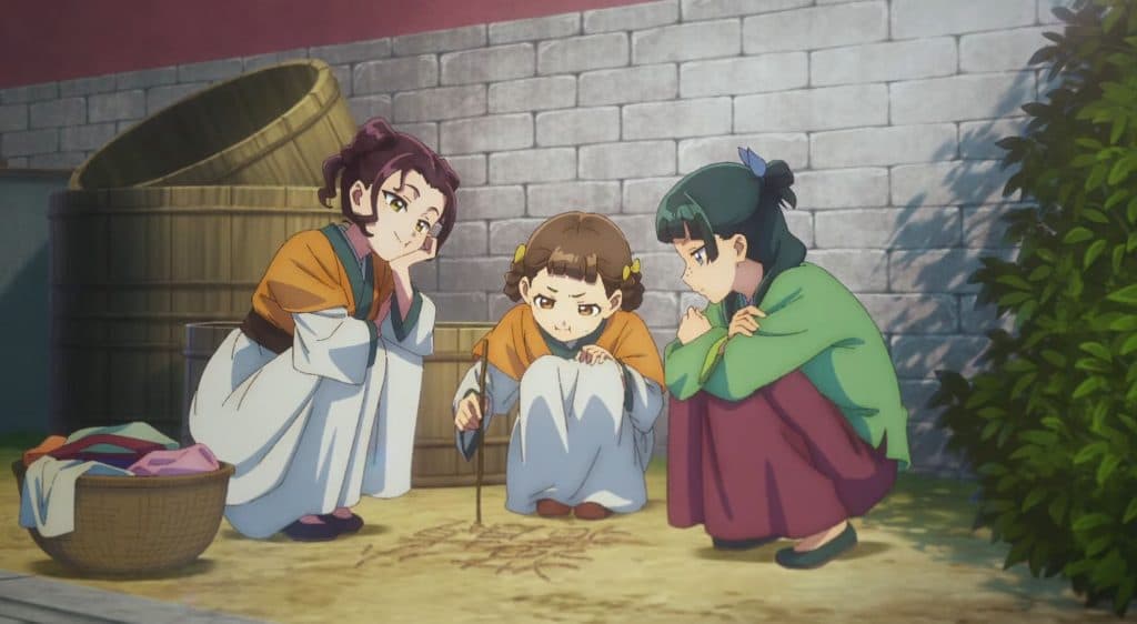 image: xiaolan writing, maomao and shisui are with her.