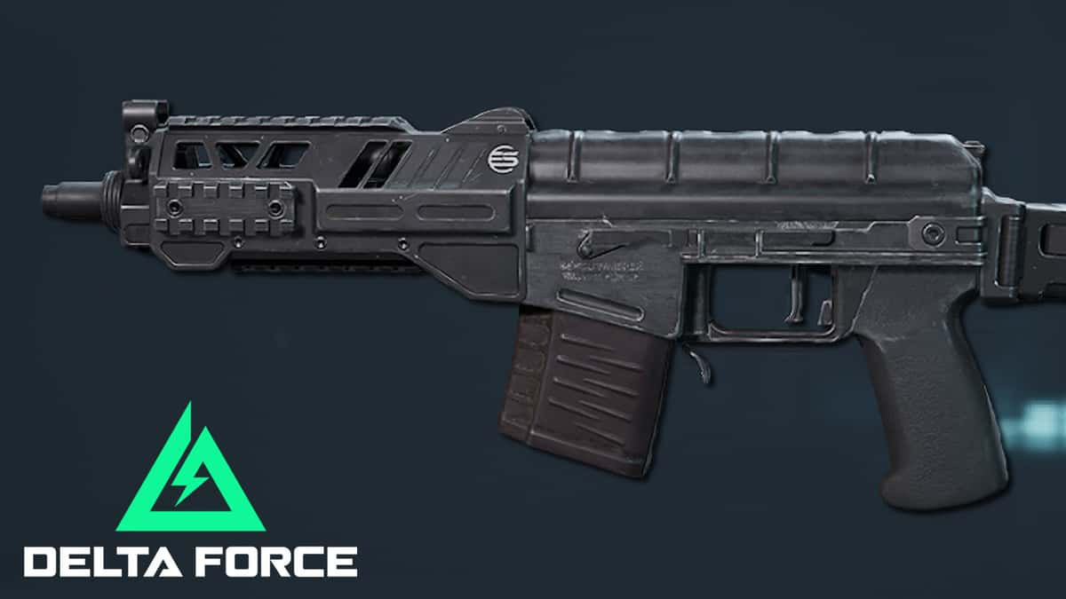 A side profile of the SR-3M SMG next to Delta Force's logo.