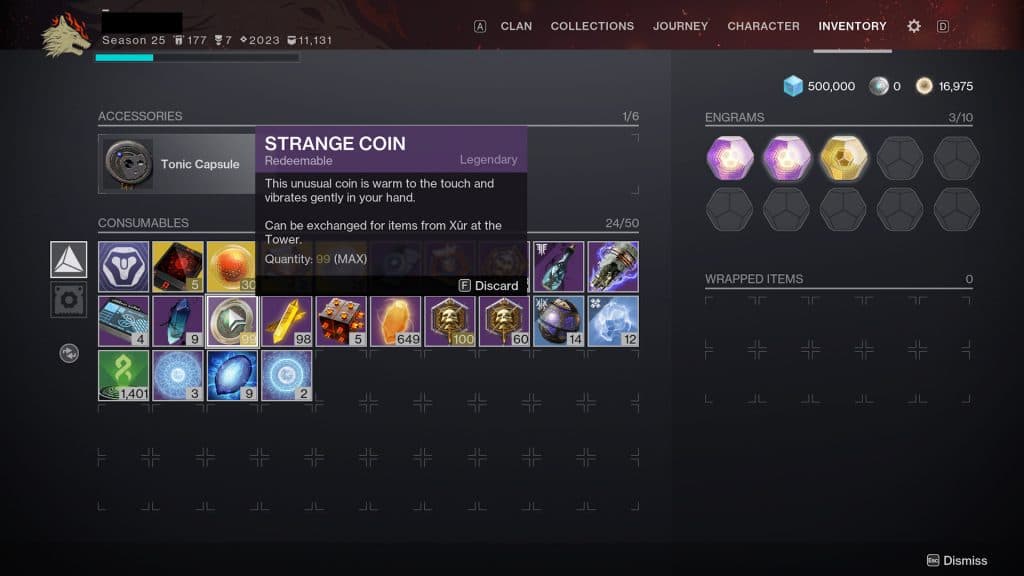 The Strange Coin cap stuck at 99 in Destiny 2.