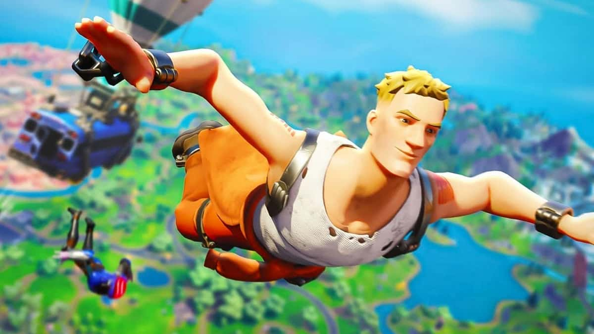 Fortnite Jonesy jumping out the Battle Bus during a match.