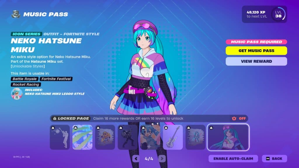 Fortnite screenshot of the Hatsune Miku Music Pass Page 4 rewards for Fortnite Festival.