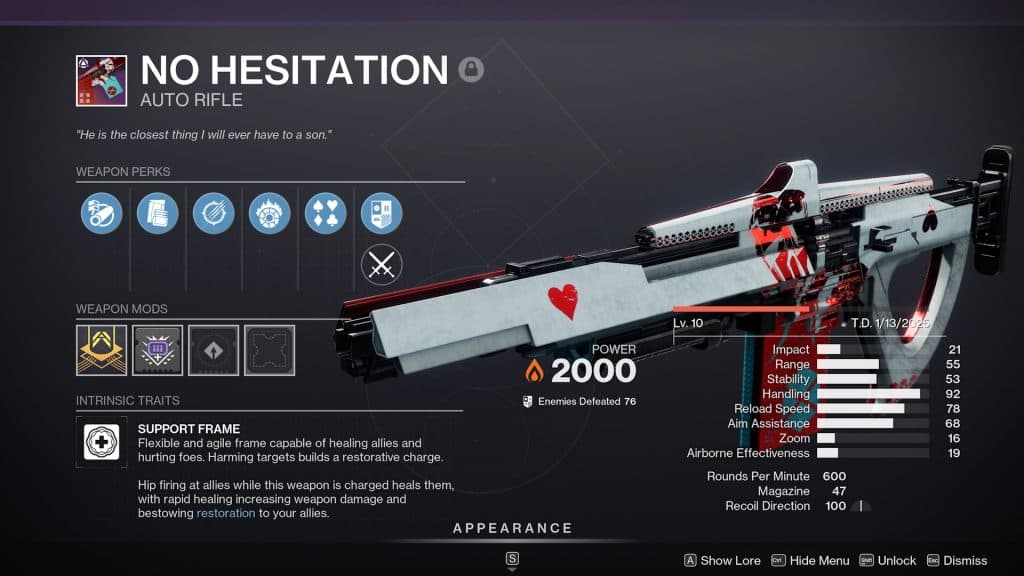 A No Hesitation god roll in Destiny 2.