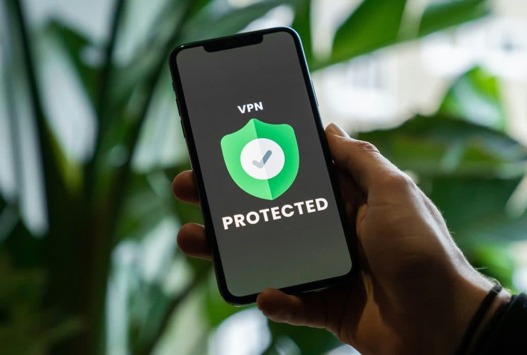 A person holds a smartphone showing a VPN has protected their device.