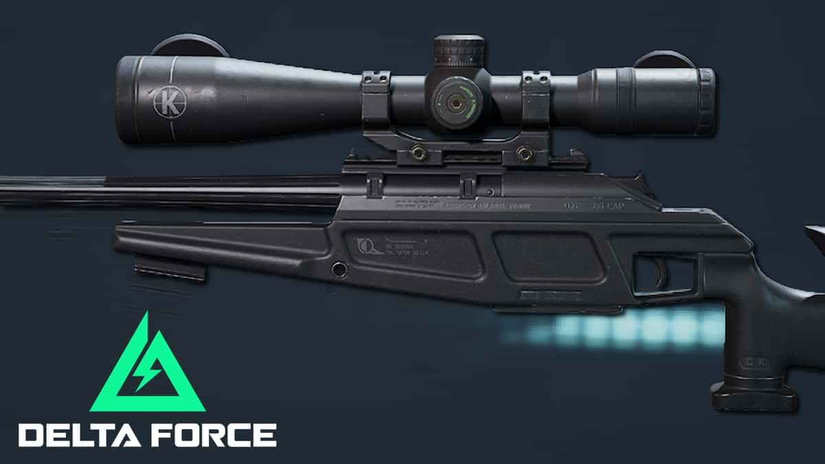 A side profile of the R93 sniper rifle next to Delta Force's logo.