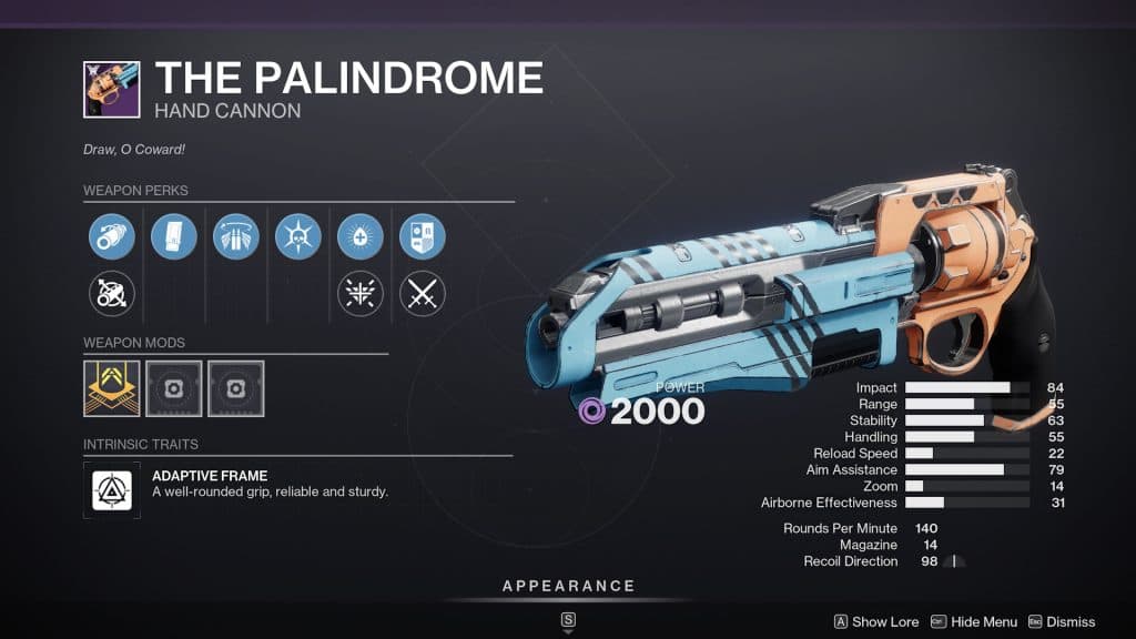 The Palindrome hand cannon in Destiny 2.