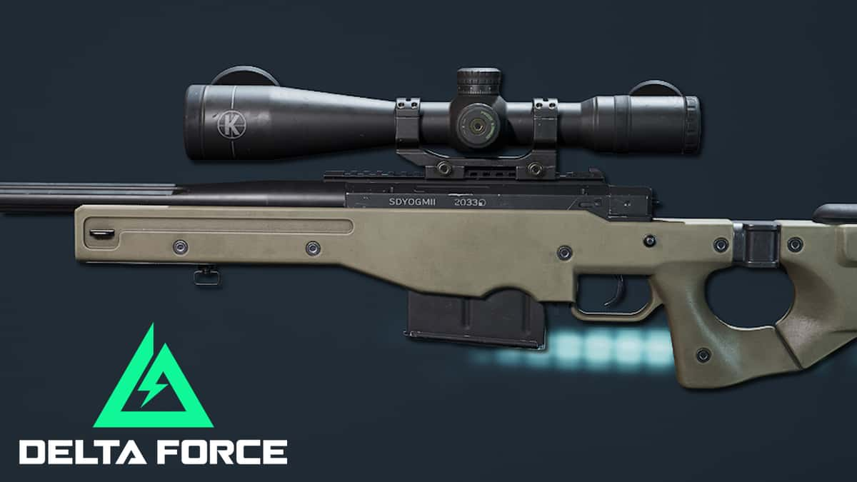 A side profile of the AWM sniper rifle next to Delta Force's logo.