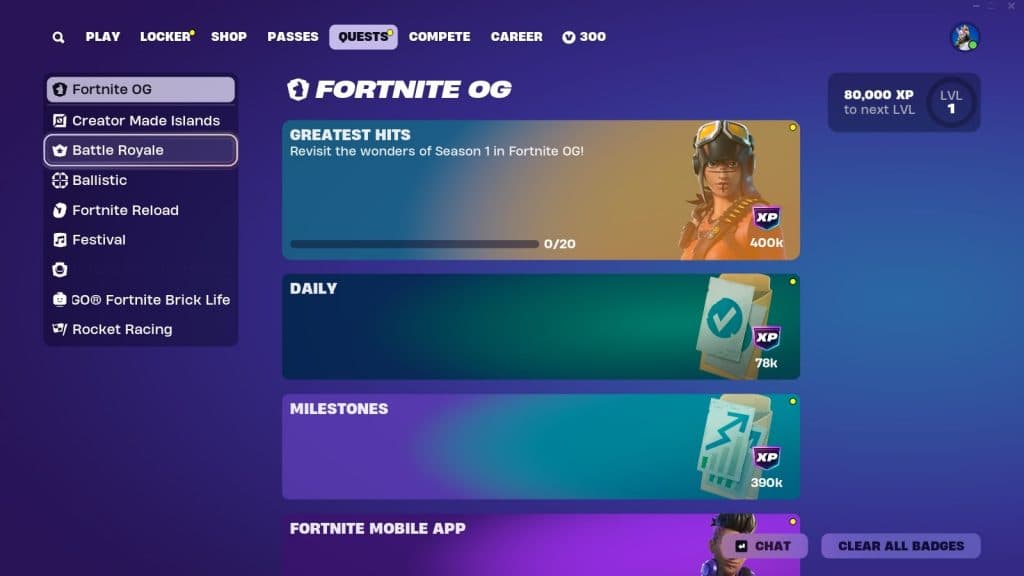 Fortnite's new UI screen for Quests, showing drop-down menus.