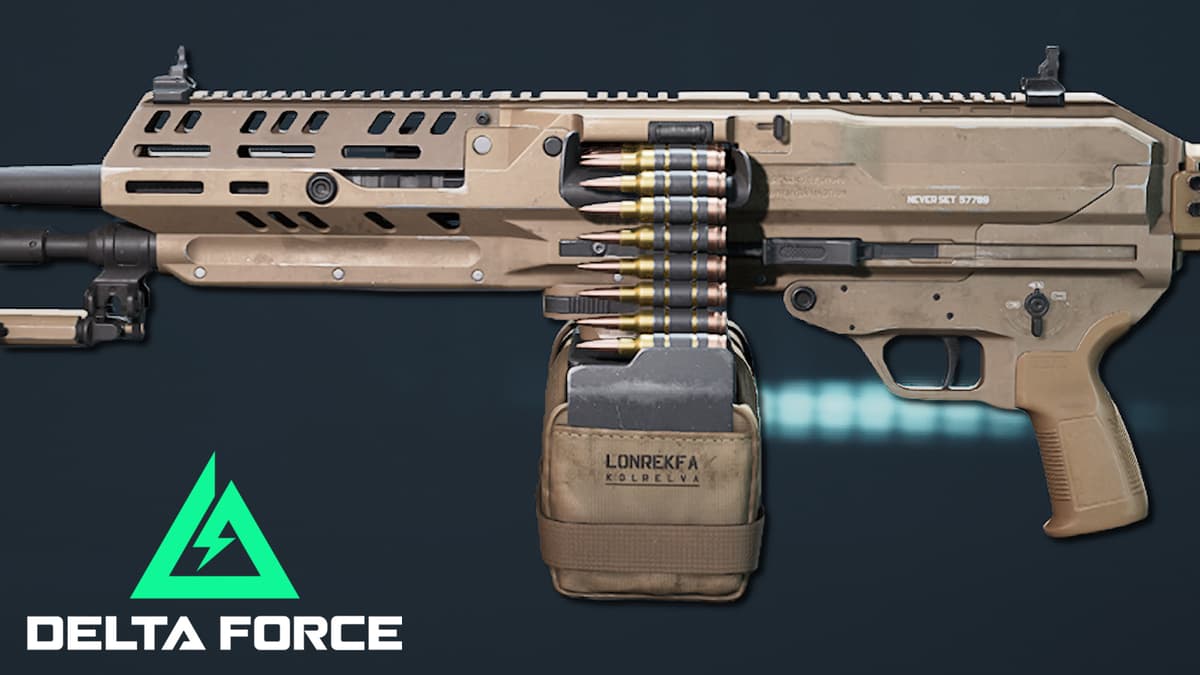 A side profile of the M250 in Delta Force next to the game's logo.