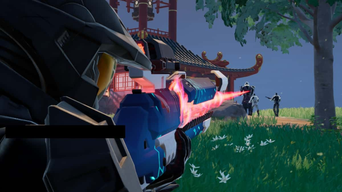 A screenshot featuring the Rail Gun in Fortnite.