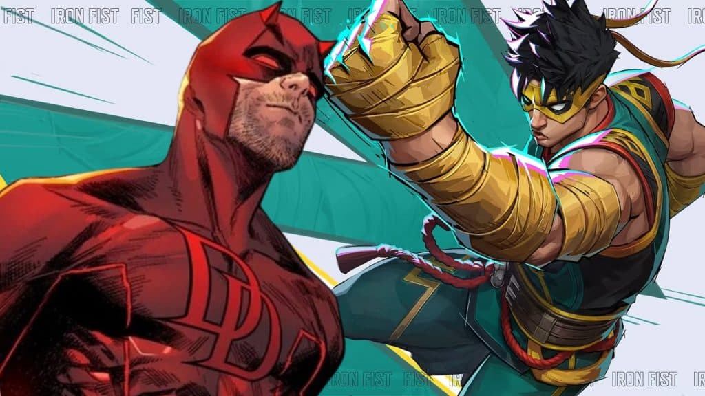 Daredevil over Marvel Rivals key art of Iron Fist