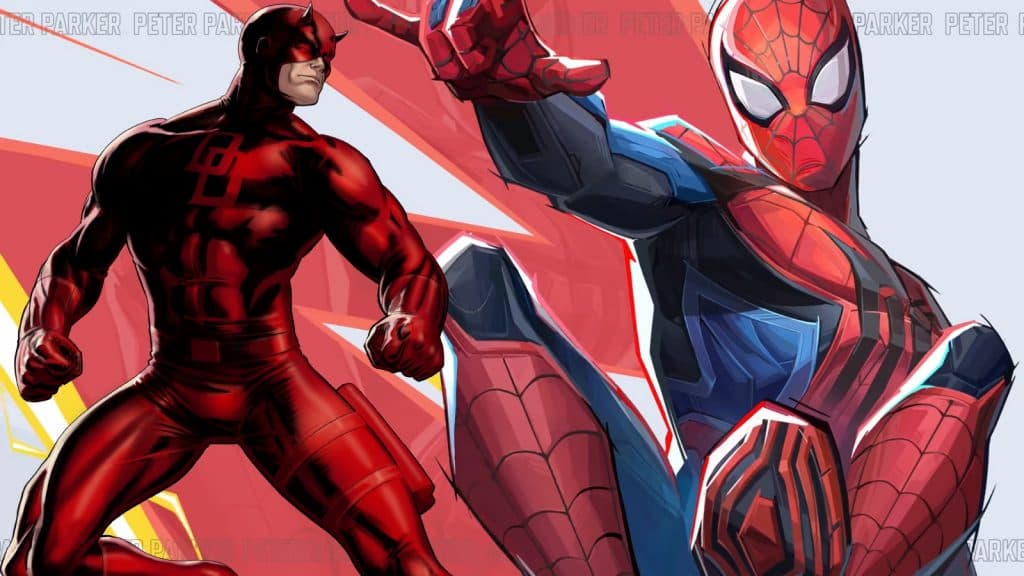 Daredevil over Marvel Rivals key art of Spider-Man