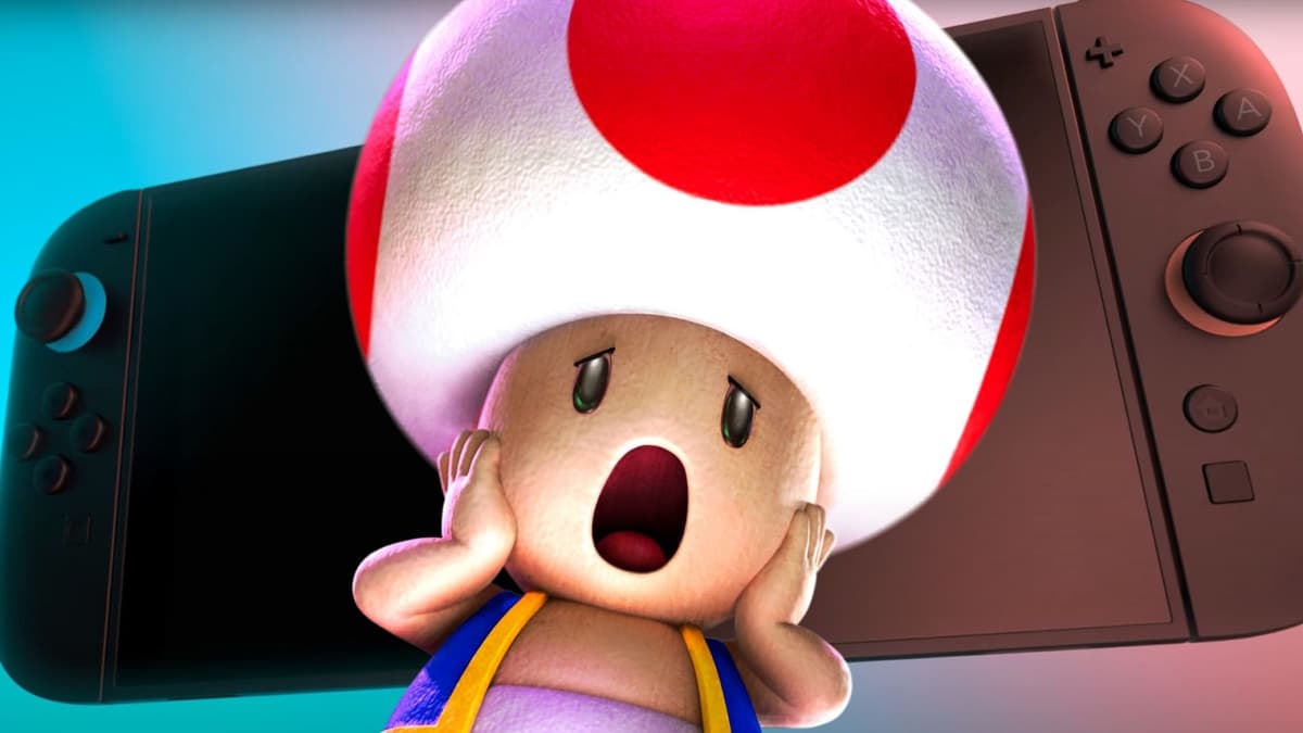 Toad screaming with a Switch 2 in the background