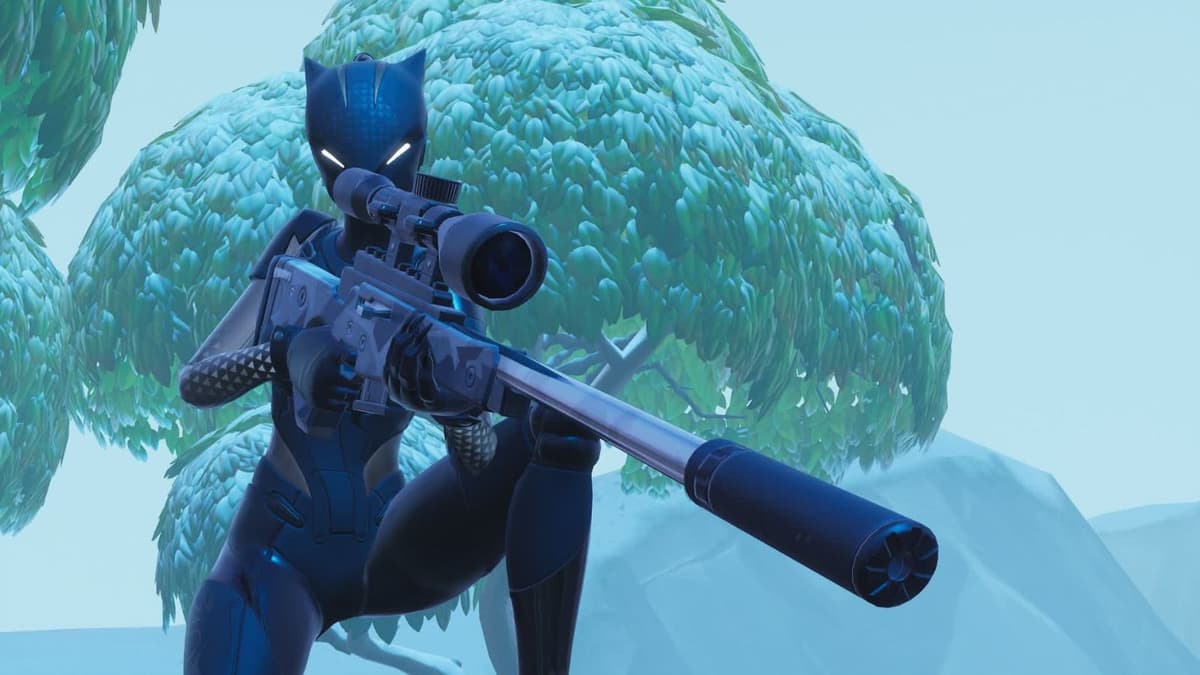 A Fortnite character aiming down the sight of a Sniper Rifle