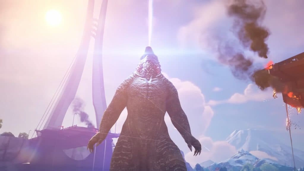 A screenshot featuring roaring Godzilla in Fortnite.