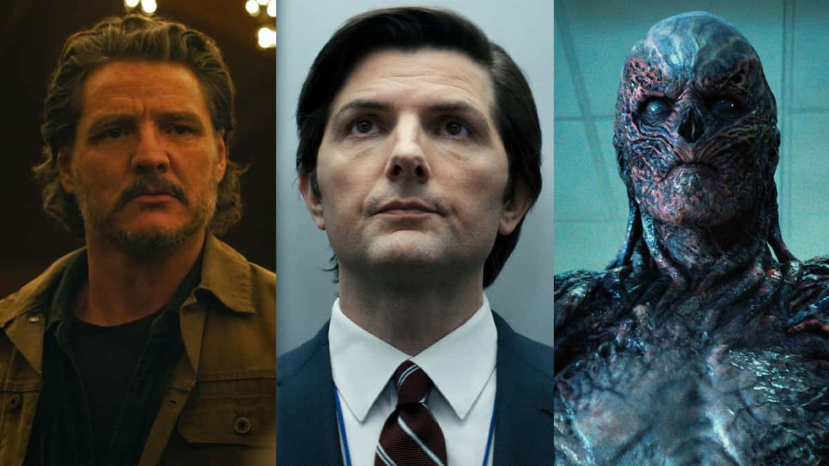 pedro pascal as joel in the last of us season 2, adam scott as Mark in Severance, and Jamie Cambell Bower as Vecna in Stranger Things