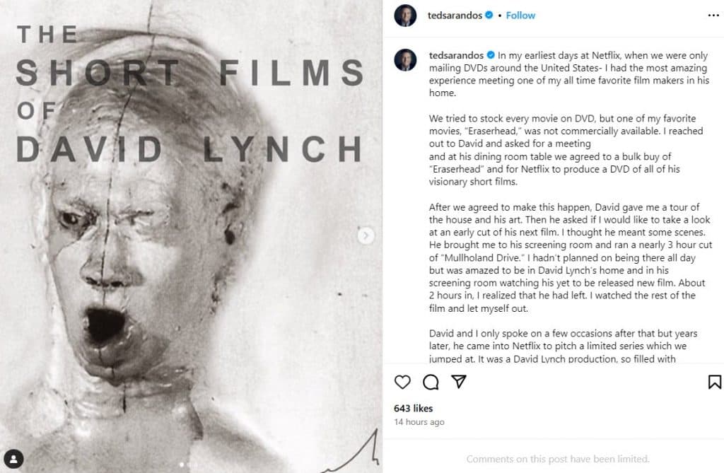 Ted Sarandos's Instagram post about David Lynch