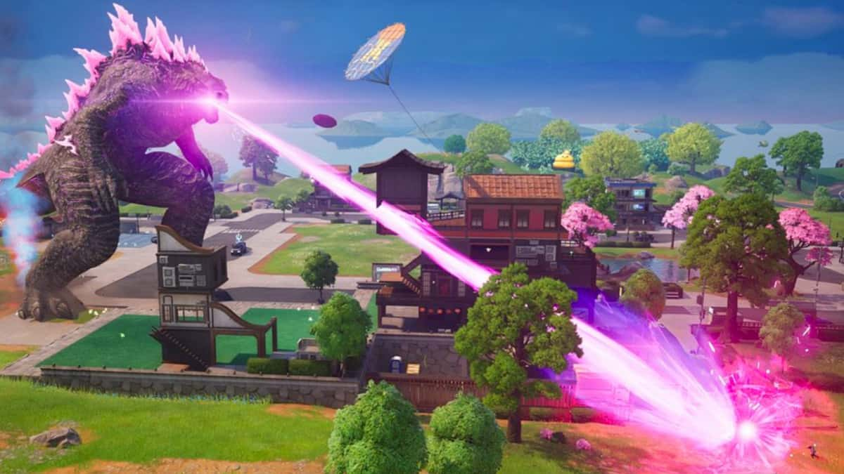 Fortnite screenshot of the Godzilla NPC firing his beam attack on the Battle Royale island map.