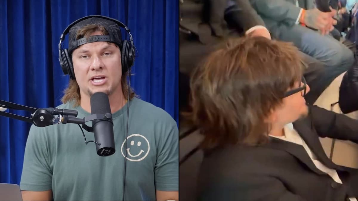 Theo Von side-by-side with screenshot of him falling off chair