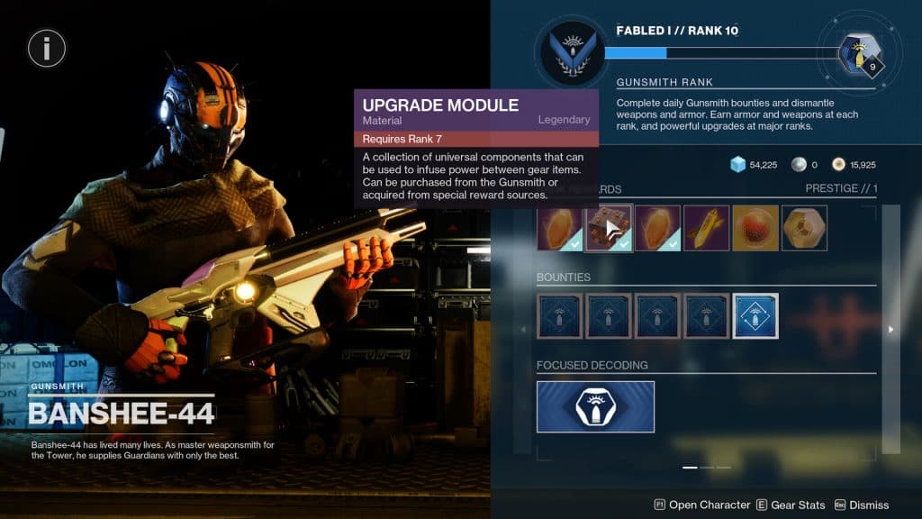 Banshee-44's rewards for leveling up his vendor rank in Destiny 2.