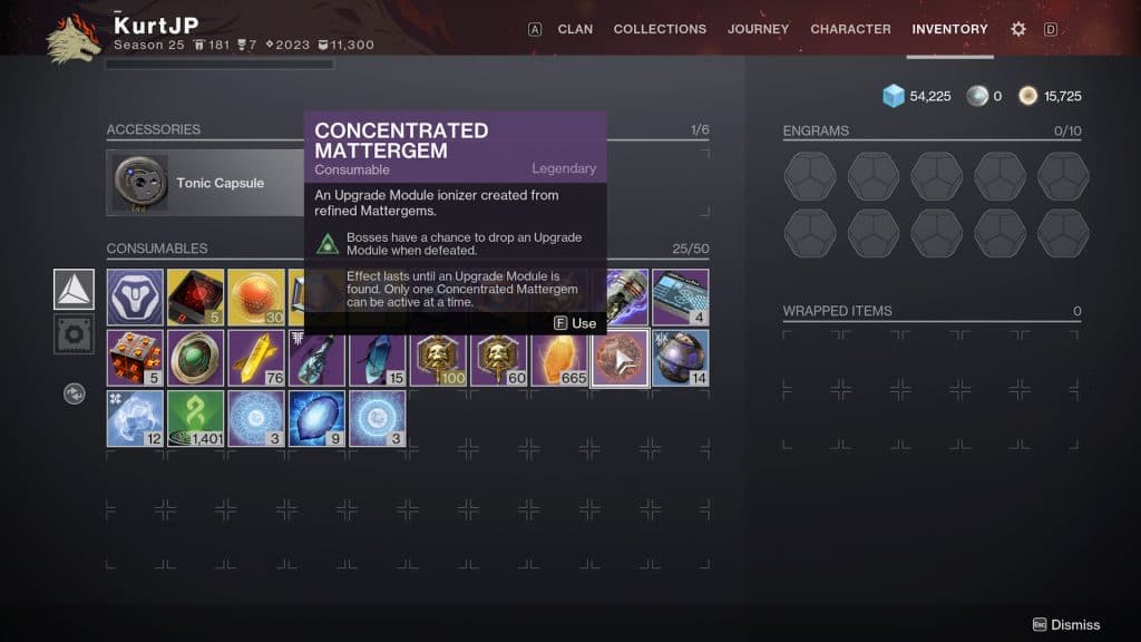 A Concentrated Mattergem consumable in Destiny 2.