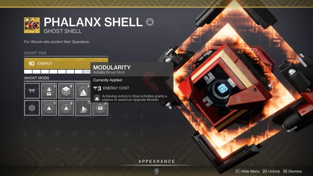 The Modularity ghost shell mod in Destiny 2.