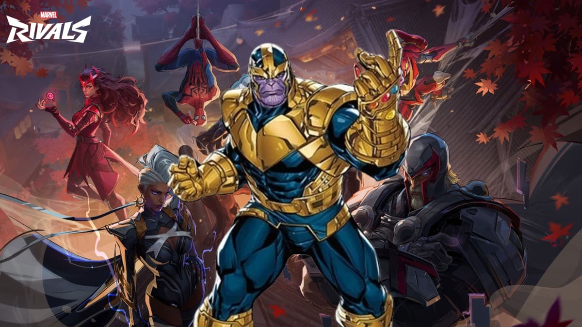 Thanos on Marvel Rivals key art, standing in the centre of other characters