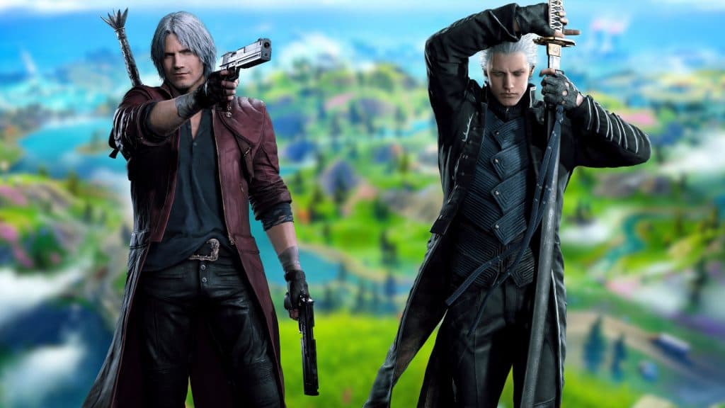 Dante and Vergil in on a Fortnite background