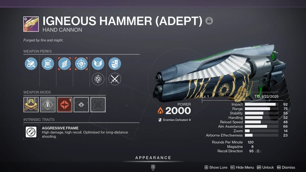 The Igneous Hammer roll from the Bento Box event in Destiny 2.