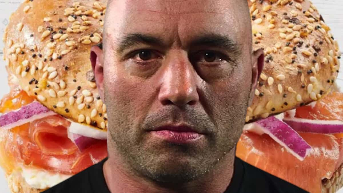 joe rogan in front of vegan bagel