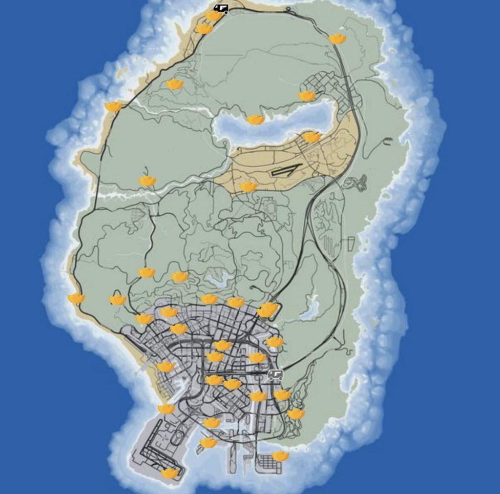 Screenshot of GTA Online map with Yuanbao locations