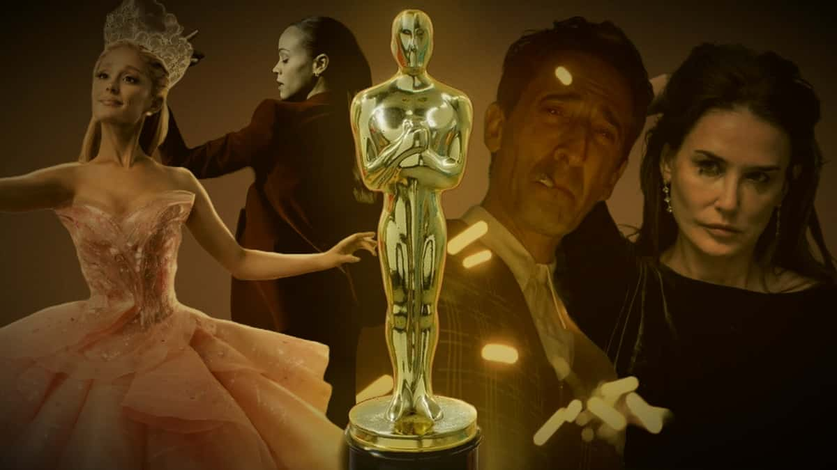 Images from Wicked, Emilia Perez, The Brutalist, and The Substance, with an Oscar statuette in the middle