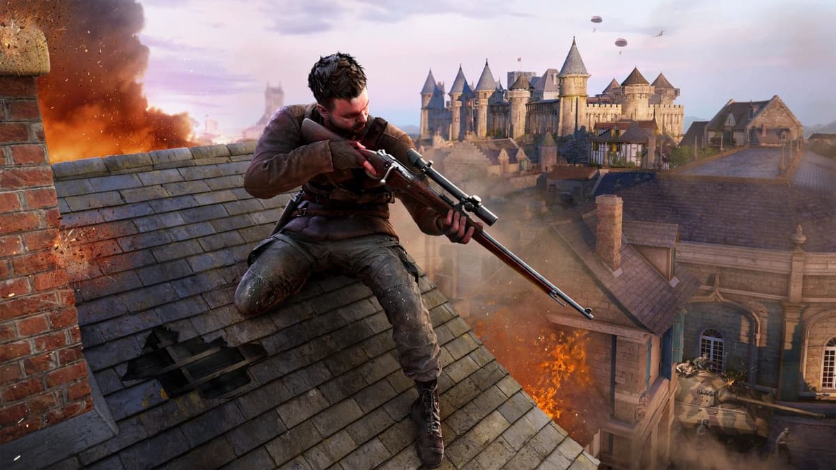 Harry Hawker sniping from roof in Sniper Elite Resistance