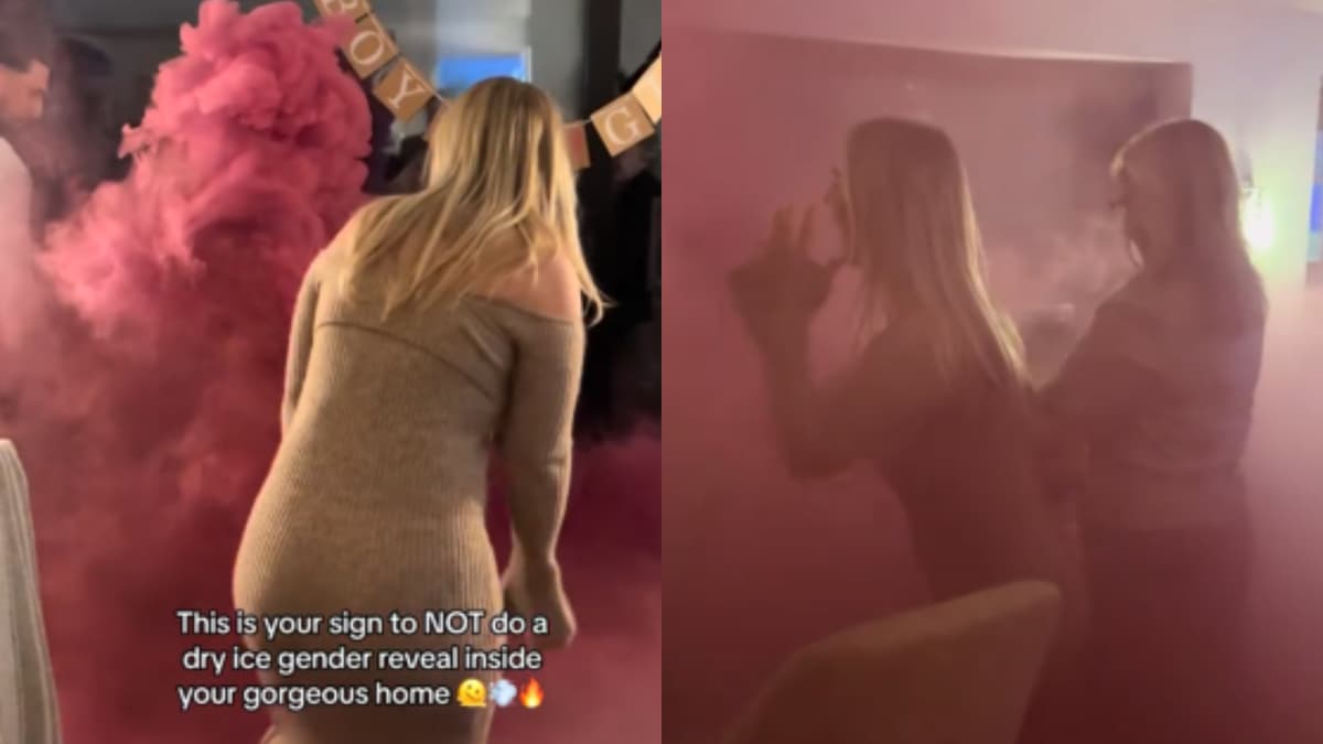 husband and wife's house fills with pink smoke in dry ice gender reveal