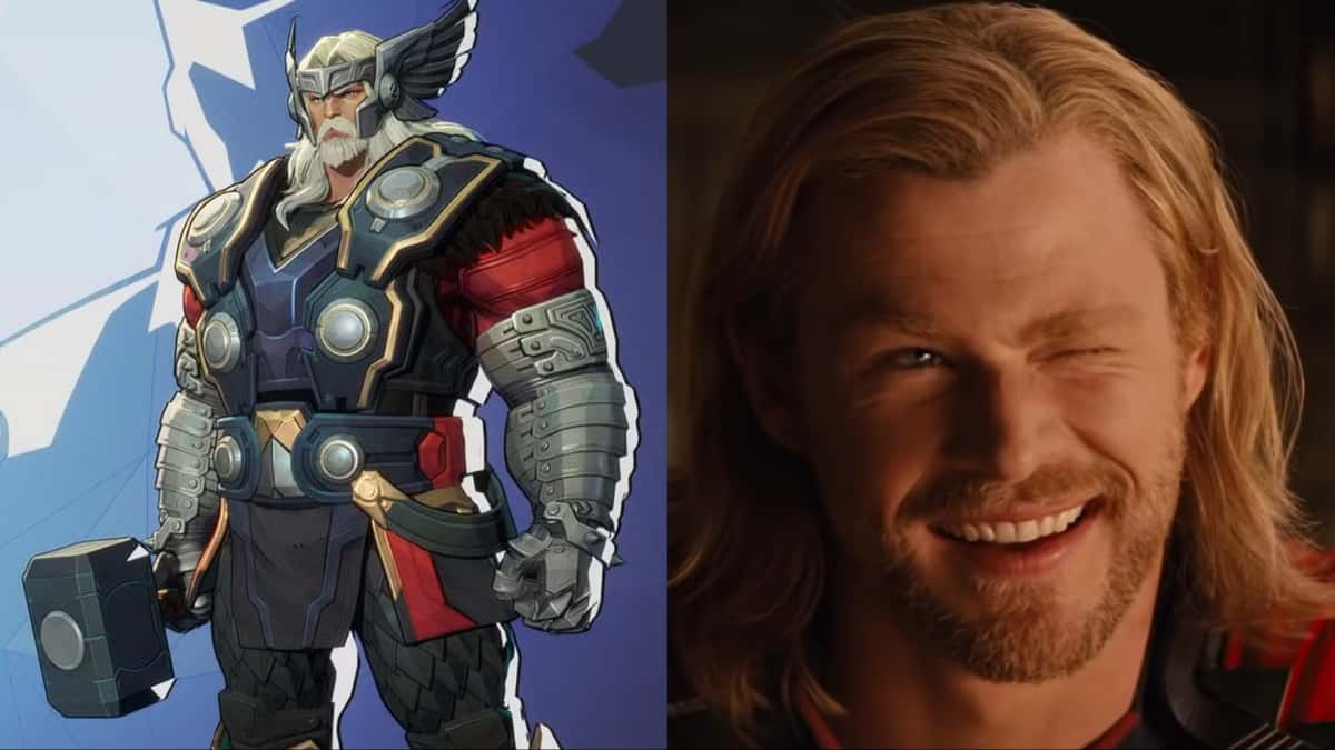 Thor from Marvel Rivals on the left with the MCU version winking on the right