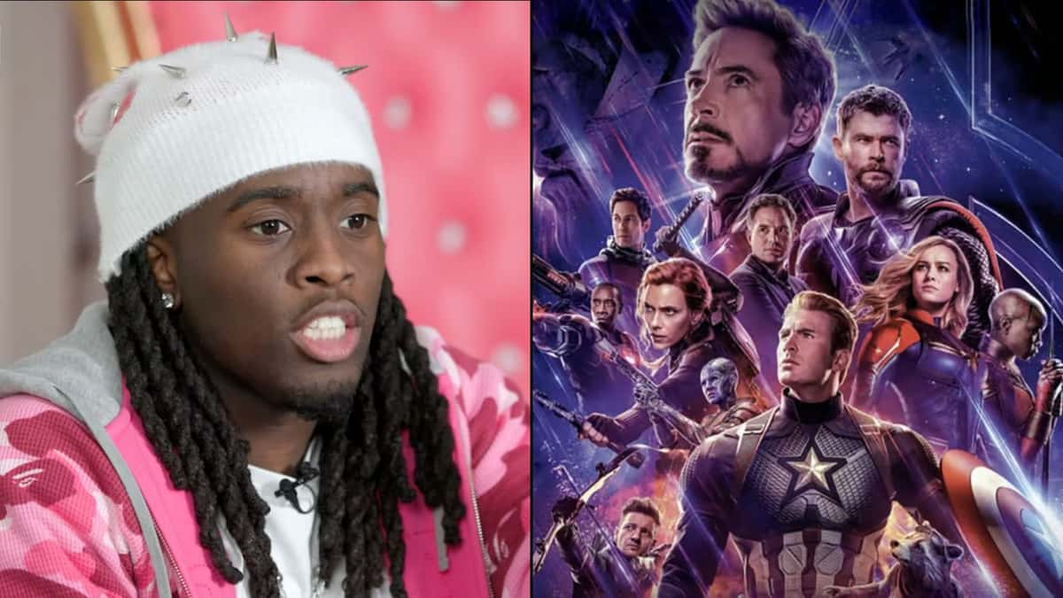 Kai Cenat in pink shirt and hat next to avengers cast from Endgame