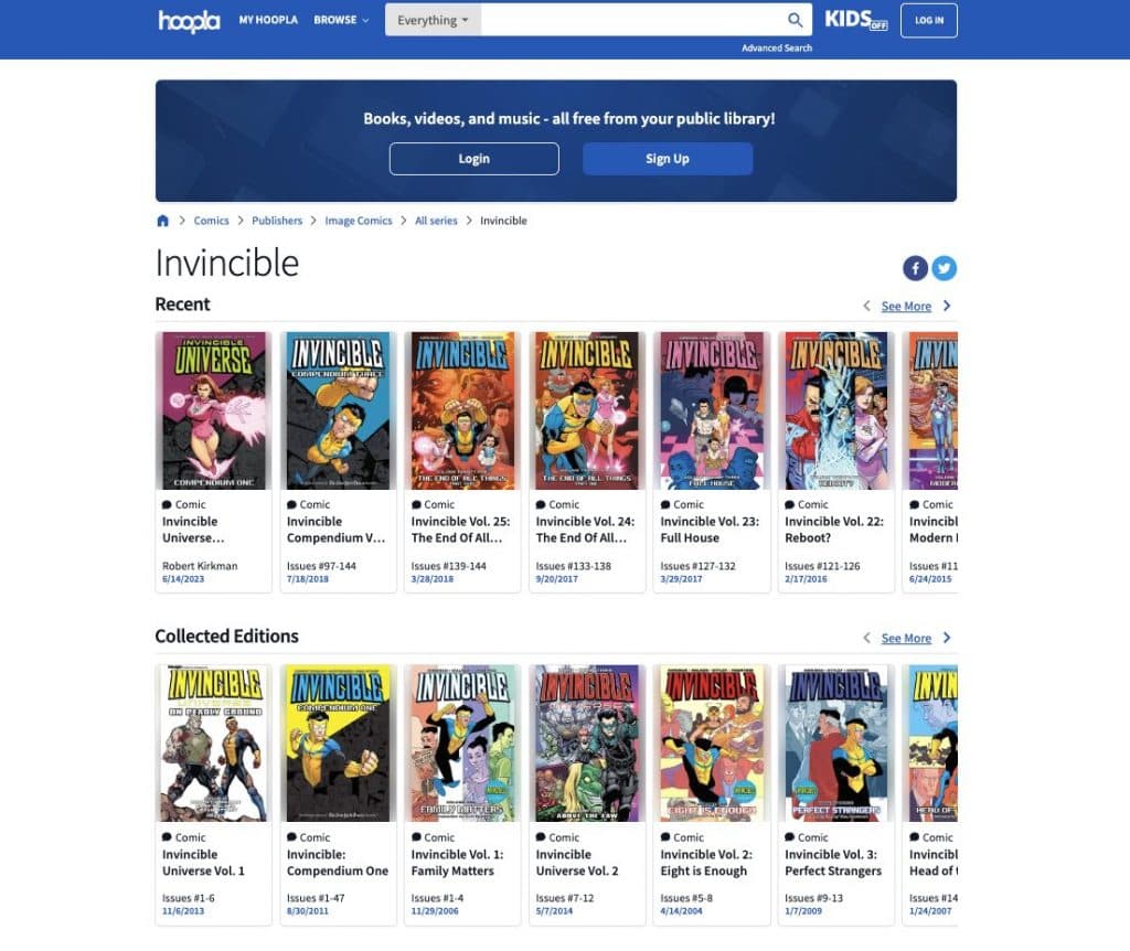 The Invincible comics page on Hoopla