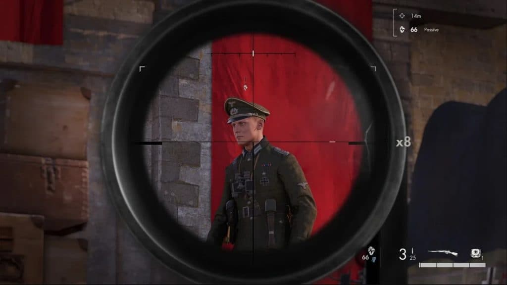 A scope in on a nazi soldier in Sniper Elite: Resistance