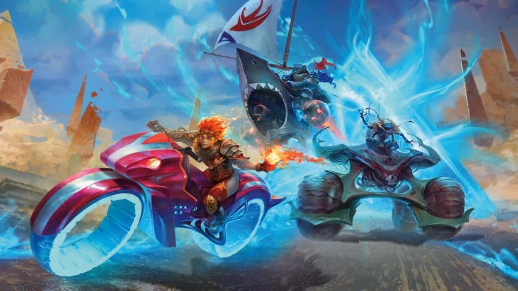 MTG Aetherdrift Key Art featuring racers in the Ghirapur Grand Prix.