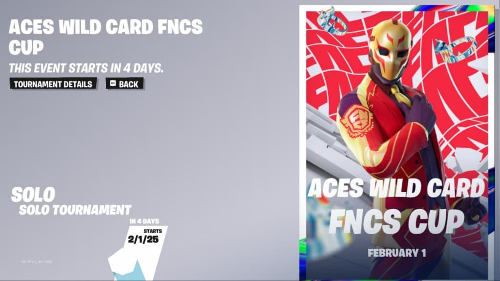 A screenshot featuring the FNCS Aces Wild Card Solo Battle Royale tab in the game.