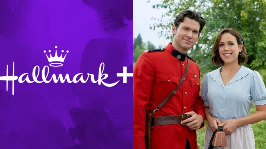 Elizabeth and Nathan in When Calls the Heart and the Hallmark+ logo