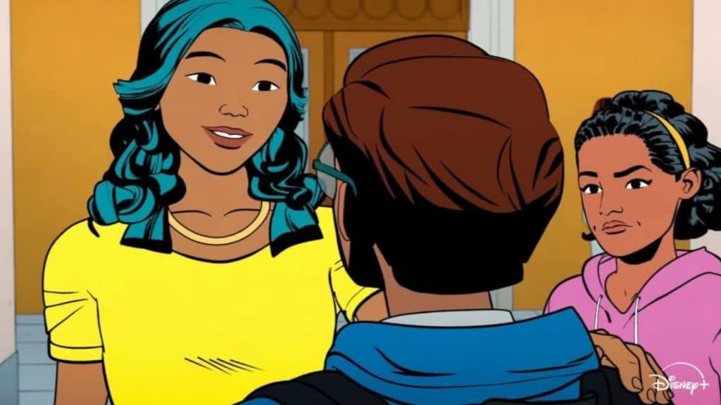 A woman in a yellow shirt talks to Peter Parker.