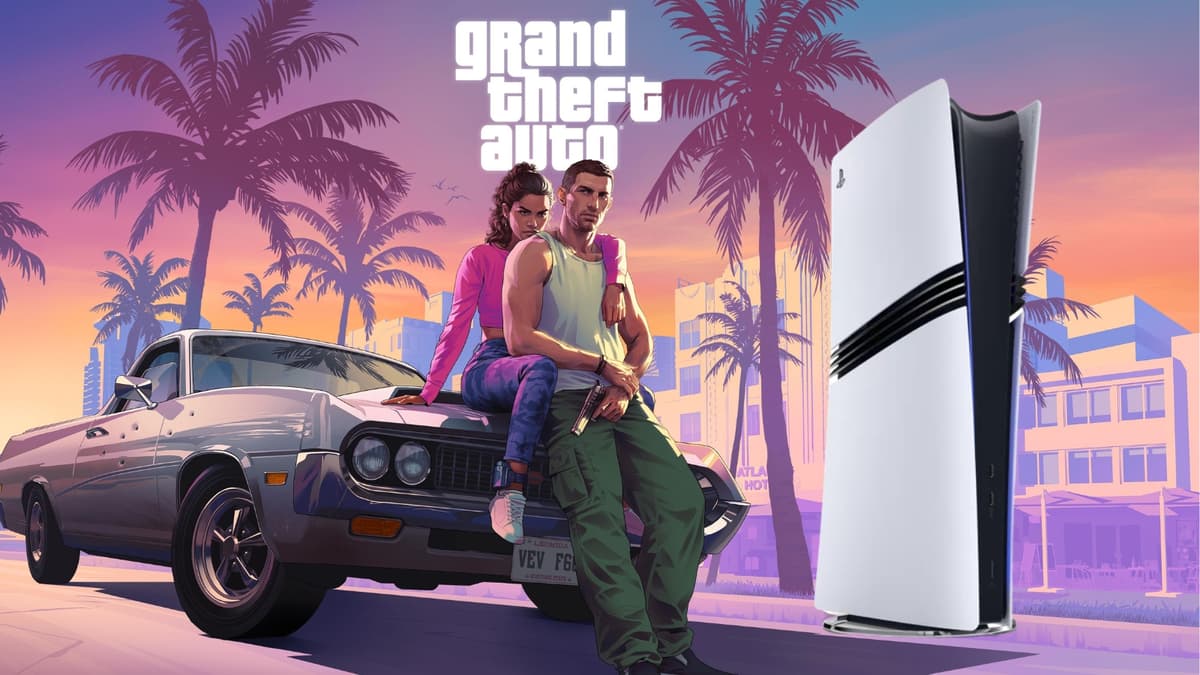 GTA 6 key art with an image of a PS5 Pro overlaid.