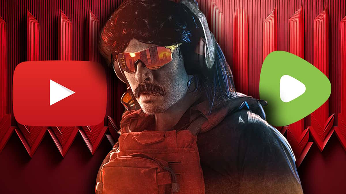 dr disrespect in front of down arrows with youtube and rumble logos