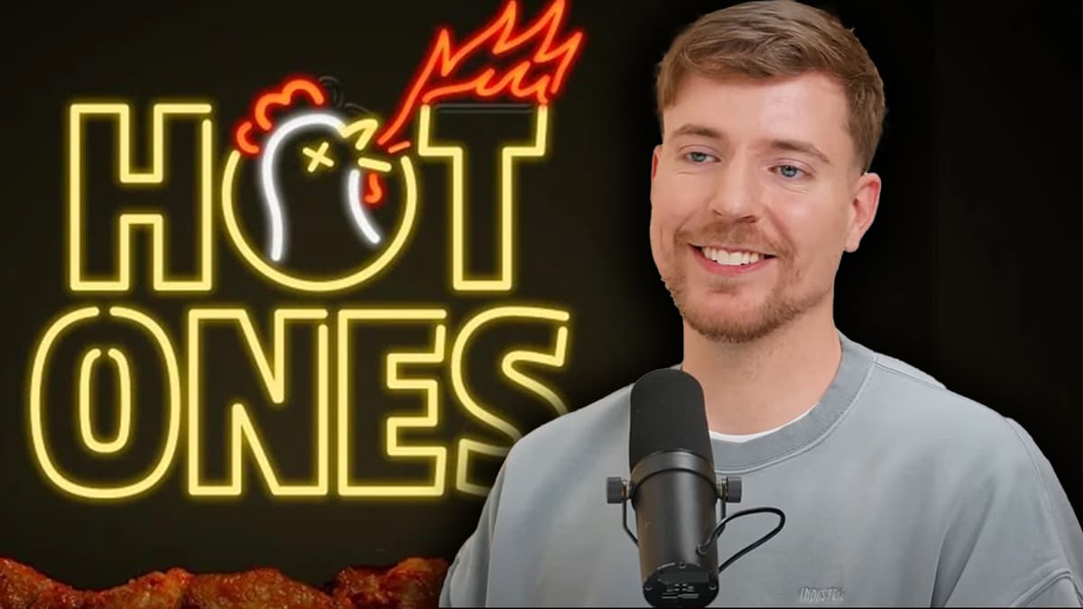 MrBeast against the Hot Ones logo.